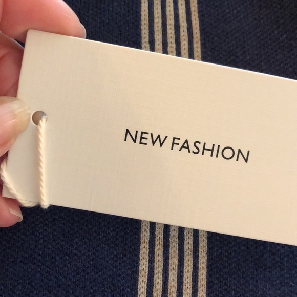 New Fashion Cadet Blue with Cream Strips Mock Neck Self Belts Long Sleeve Dress - Picture 12 of 12